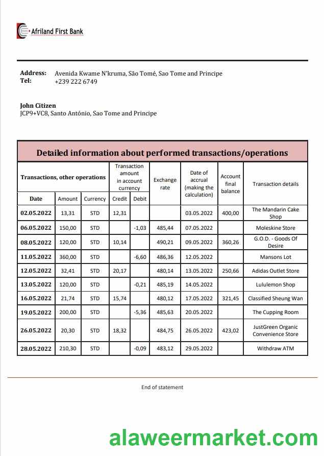 Sao Tome and Principe Afriland First Bank statement